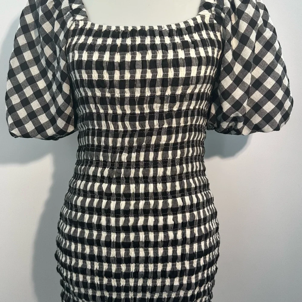 Endless Rose XS Black White Gingham Smocked Puff Sleeve Mini Dress Cotton Boho! - Picture 3 of 9